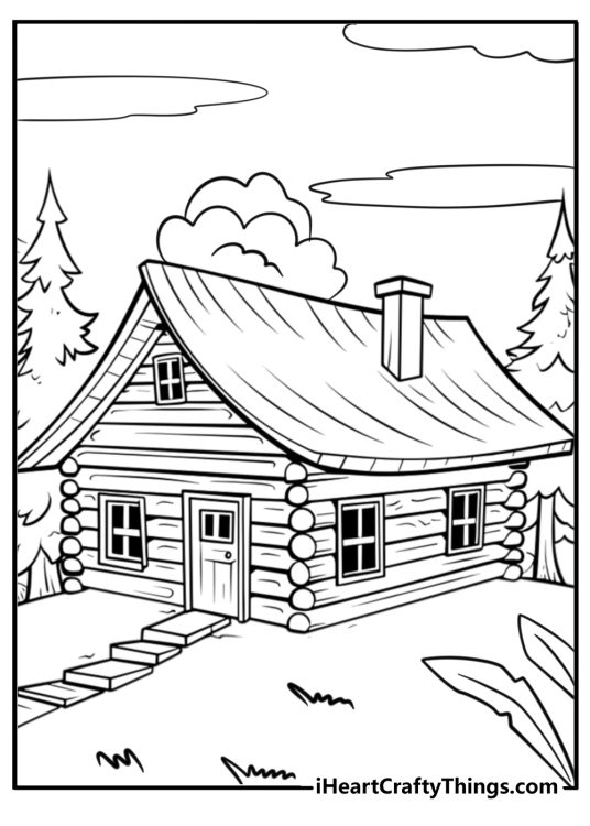 Detailed coloring picture for adults of a wooden cabin in the forest with trees and clouds in the background
