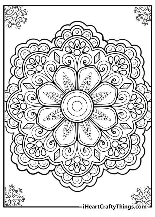 Detailed intricate coloring printable for adults featuring mandala snowflake