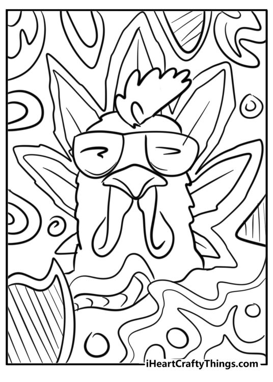 Coloring printable for adults featuring rooster portrait with various patterns and shapes in the background