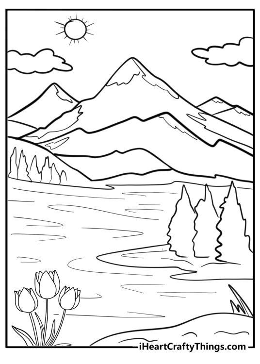 Coloring page featuring a river surrounded by tulips, greenery and mountains nearly reaching clouds in the background
