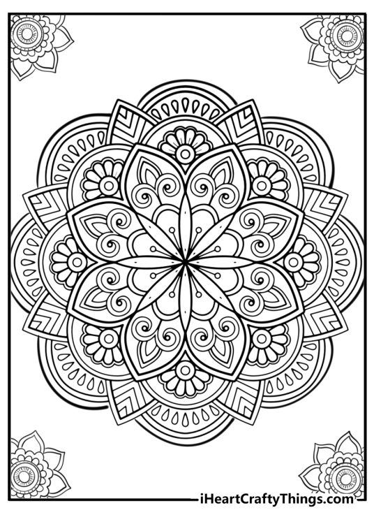 Detailed therapeutic coloring printable for adults featuring mandala flower