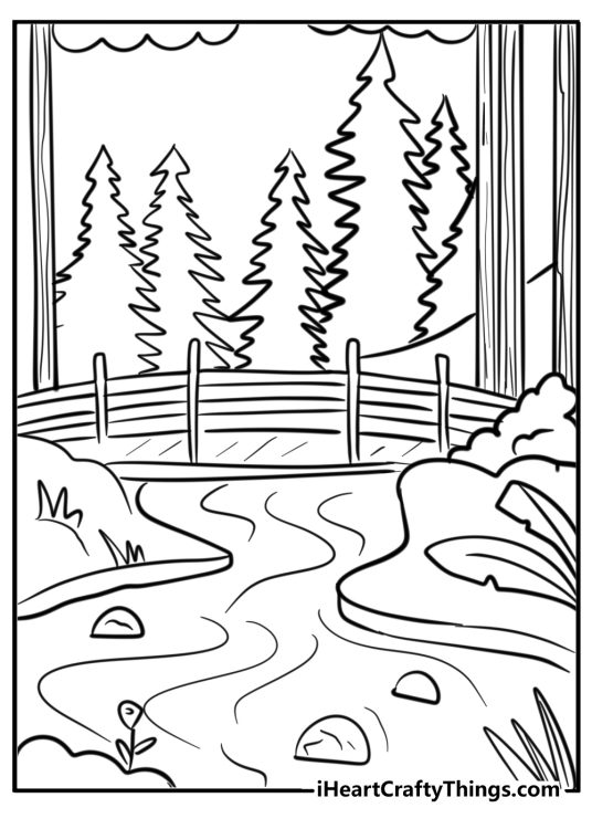 Coloring page for adults of a river with a bridge over it surrounded by various plants and greenery