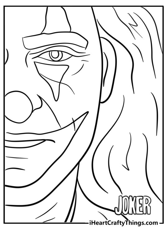 Movie-themed coloring page for adults featuring Joker portrait and a