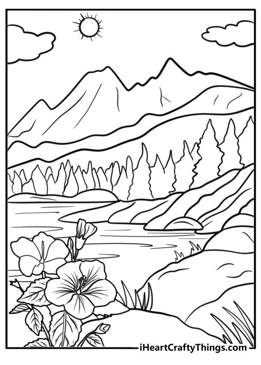 Detailed mountain scenery with a river in the center surrounded by some greenery coloring poster for adults