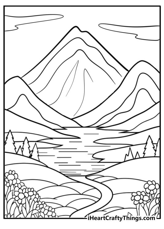 Therapeutic nature-themed coloring printable for adults featuring mountain scenery