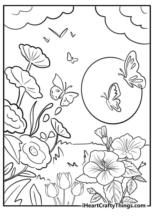 Nature-themed coloring page featuring butterflies flying above flowers with sun and clouds in the background