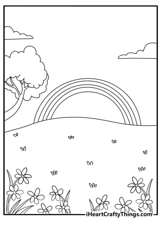 Arc of a rainbow over a wide meadow printable spring coloring page