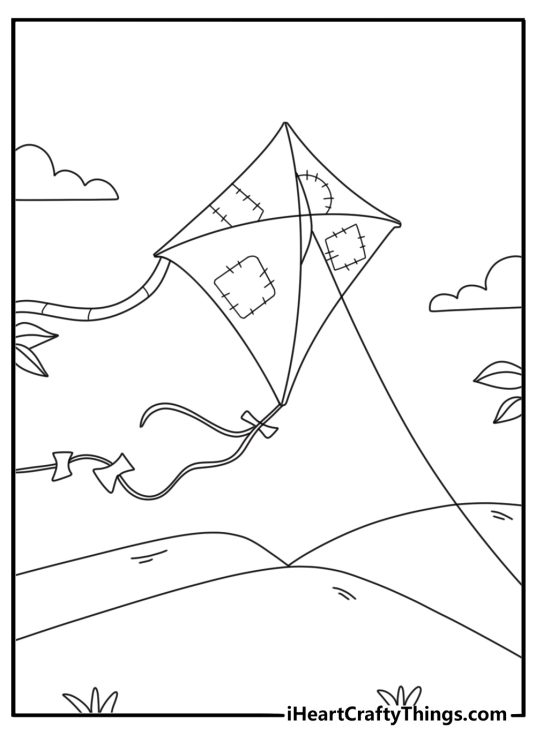 Bright kite flying over a green hill spring coloring page PDF