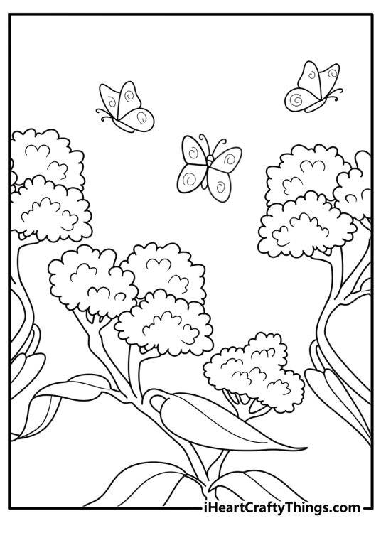 Butterfly garden with milkweed detailed spring coloring page for adults