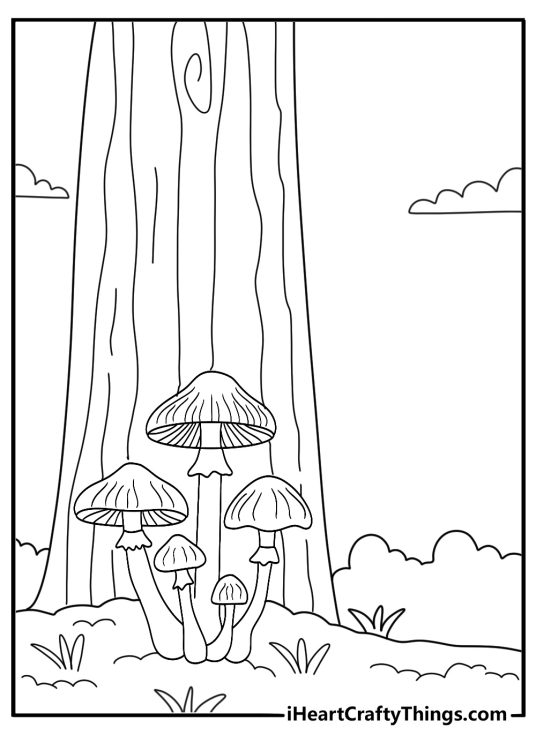 Cluster of mushrooms at the base of a tree easy spring coloring page