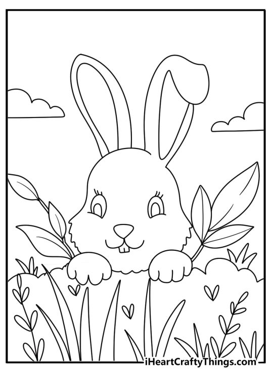Cute bunny peeking from tall grass kawaii spring coloring page for kids
