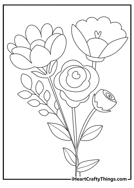 Detailed coloring picture for children featuring a selection of various spring flowers