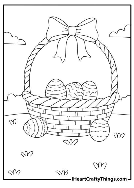 Easter egg basket with ribbon and fresh leaves cute spring coloring page printable PDF