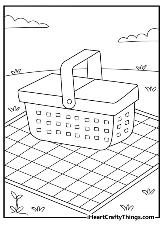 Picnic basket on a checkered blanket under light clouds spring coloring sheet