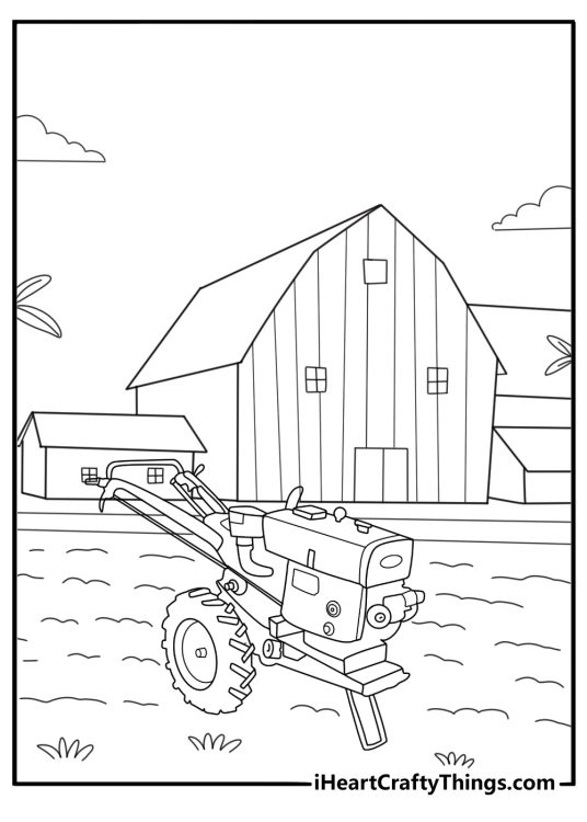 Small tractor rolling past new sprouts farm themed spring coloring page
