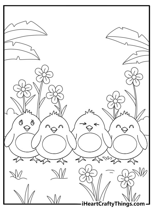 Spring coloring page featuring four little chicks surrounded by flowers and greenery