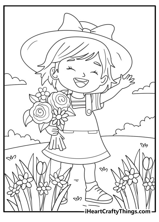 Spring inspired coloring sheet featuring cute lilttle girl posing outdoors surrounded by blooming flowers