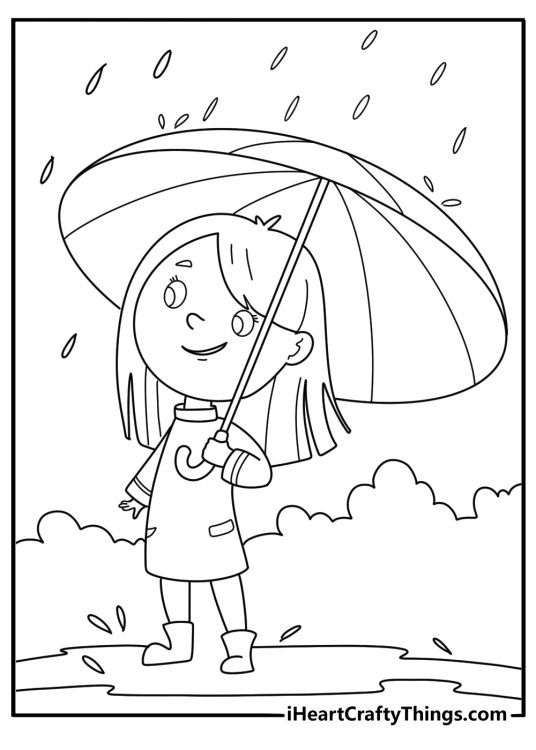 Spring picture presenting little girl standing outdoors under her umbrella on a rainy spring day