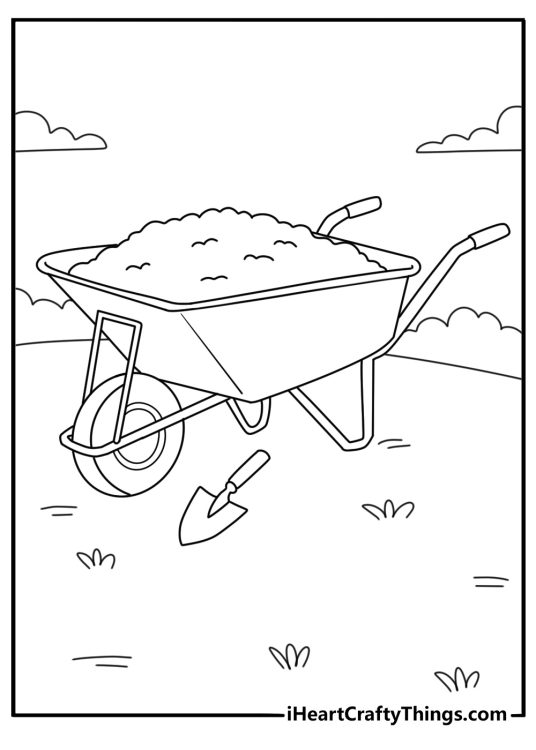 Wheelbarrow with garden soil and a hand trowel printable spring coloring sheet