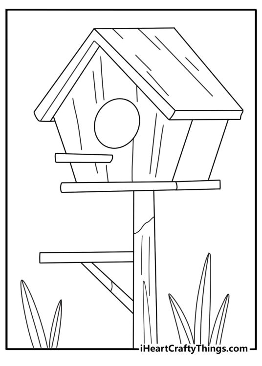 Wooden birdhouse on a pole with a small perch spring coloring page for kids