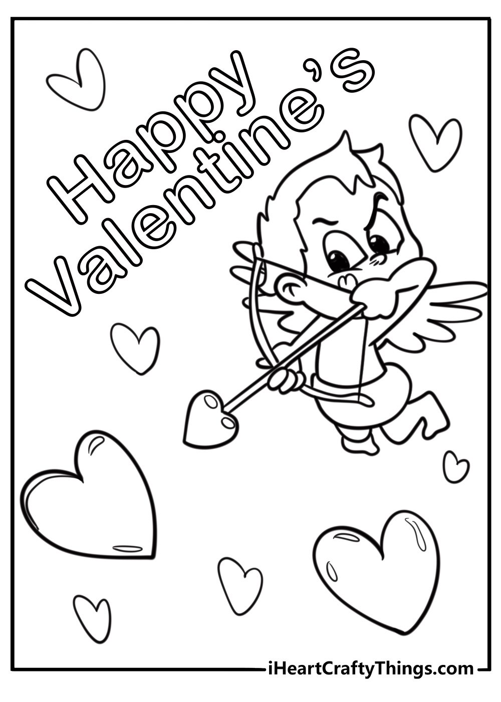 Cupid aiming an arrow at a heart detailed valentines coloring sheet