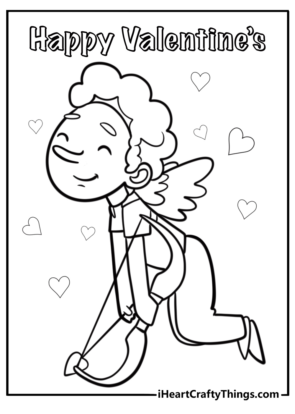 Cupid flying with a bow and arrow detailed valentines coloring sheet