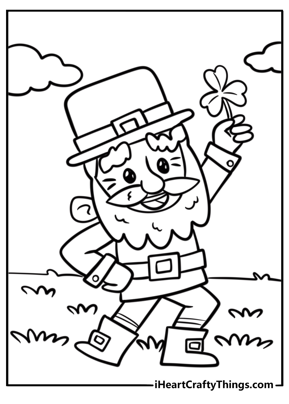 Cute leprechaun holding a shamrock fun printable coloring sheet