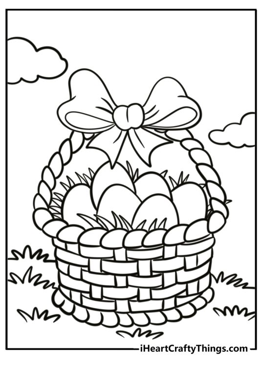 Decorated easter egg in a basket with flowers coloring sheet