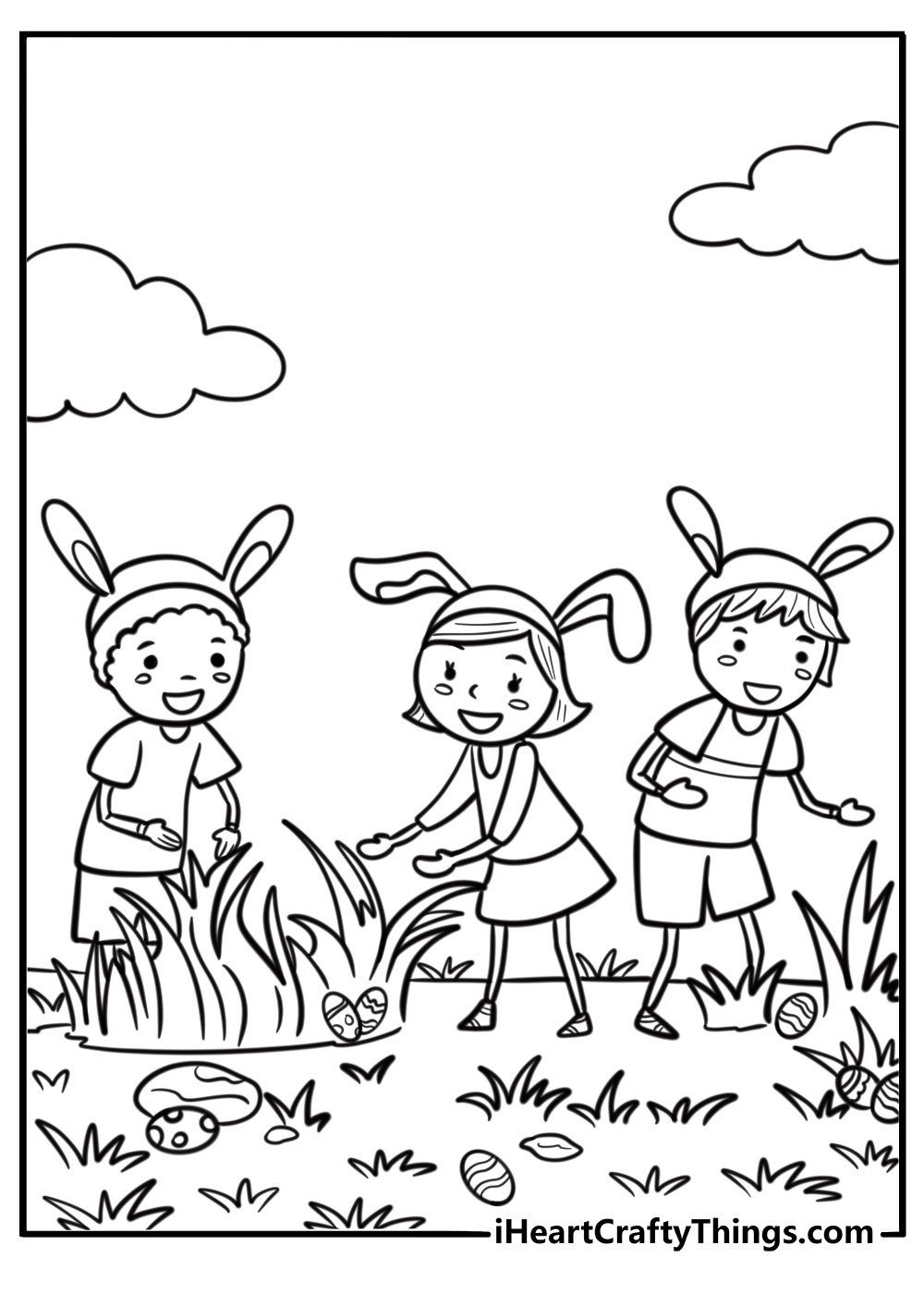 Easter egg hunt scene with children finding eggs coloring page