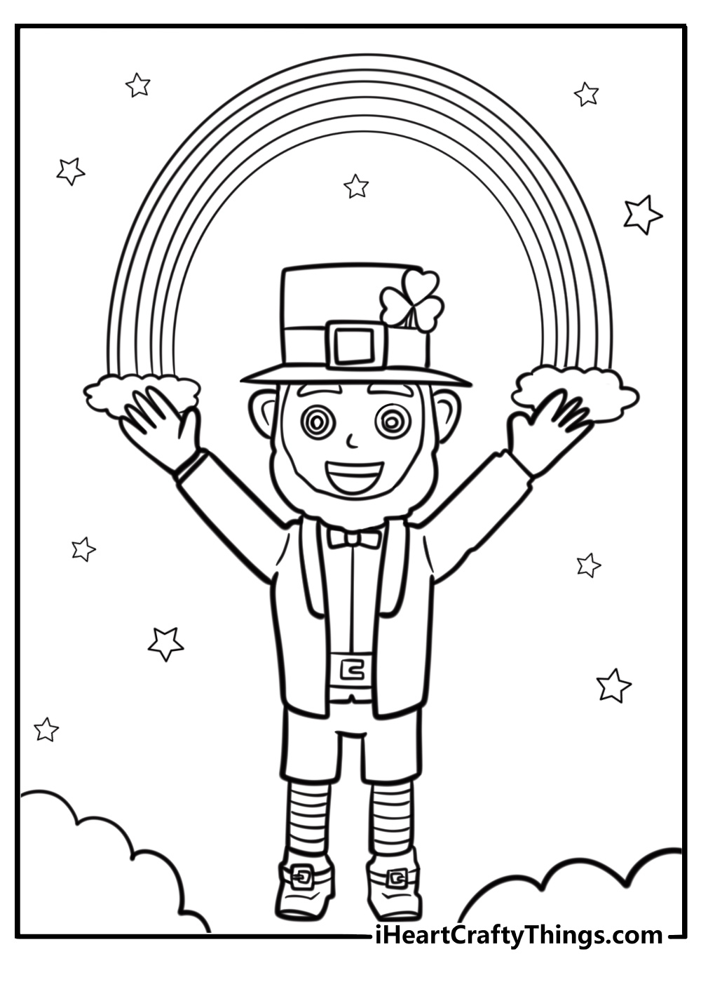 Happy leprechaun holding a rainbow fun printable coloring sheet