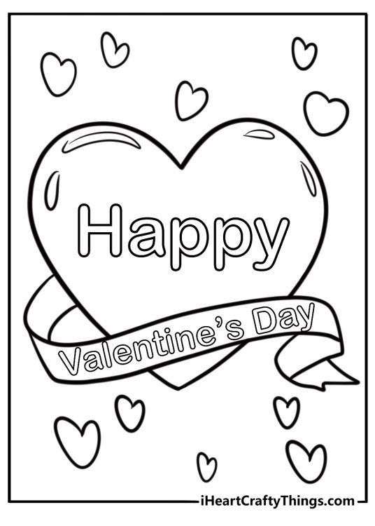 Heart and ribbon with happy valentines day fun coloring sheet