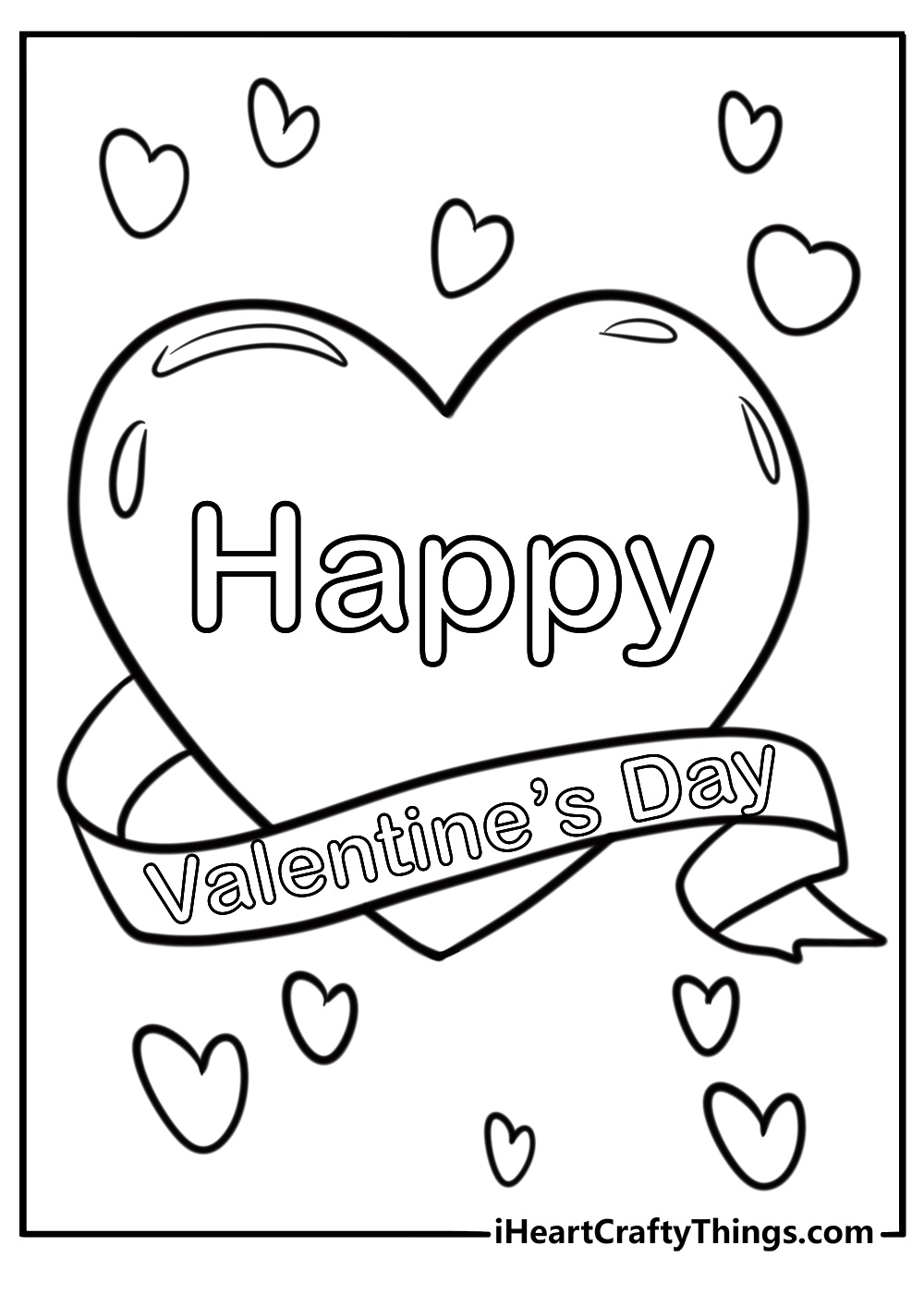 Heart and ribbon with happy valentines day fun coloring sheet