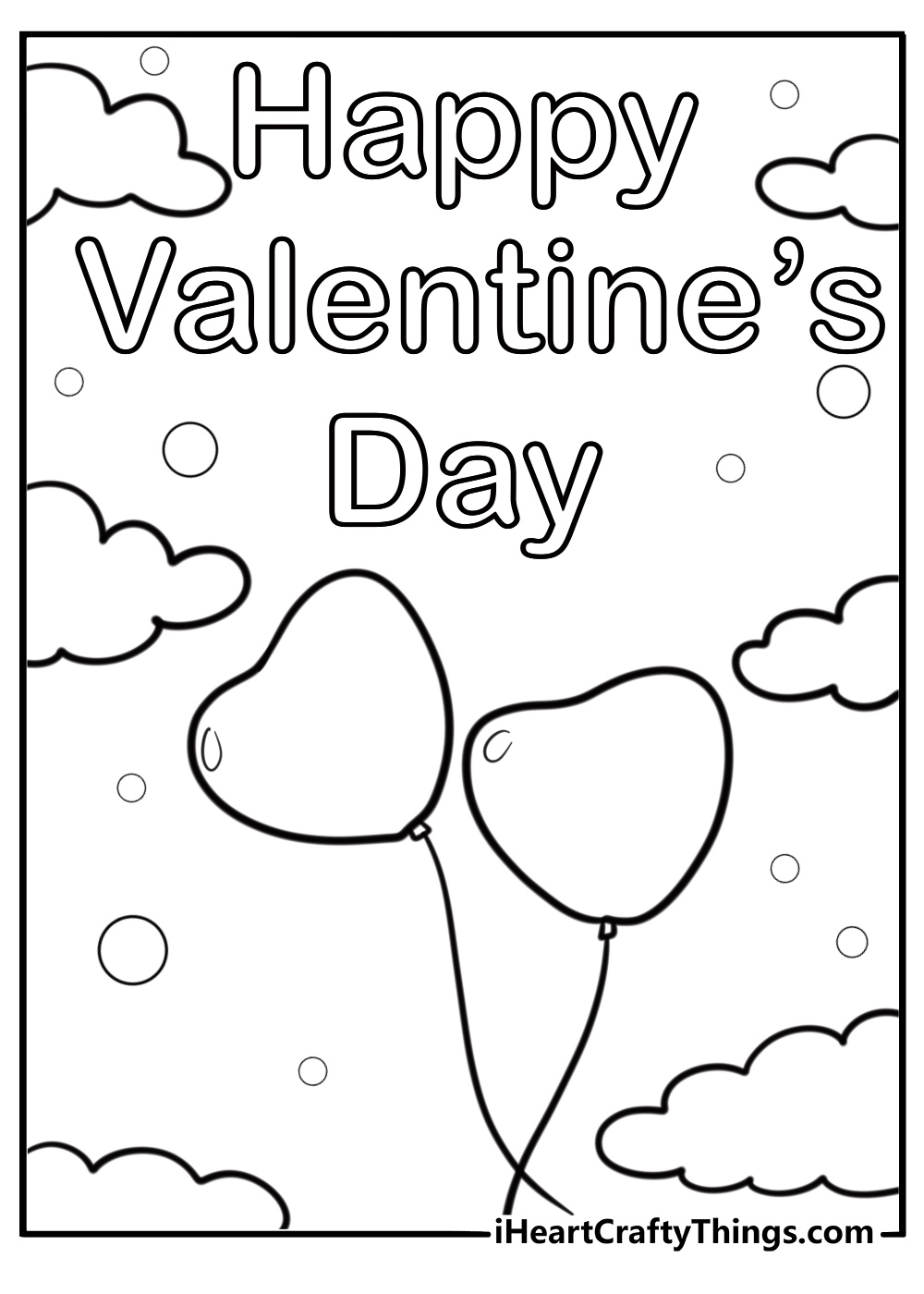 Heart-shaped balloons floating in the sky valentines day coloring page