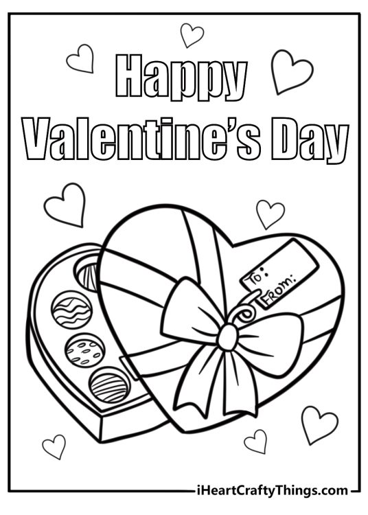 Heart-shaped box of chocolates free valentines day coloring page