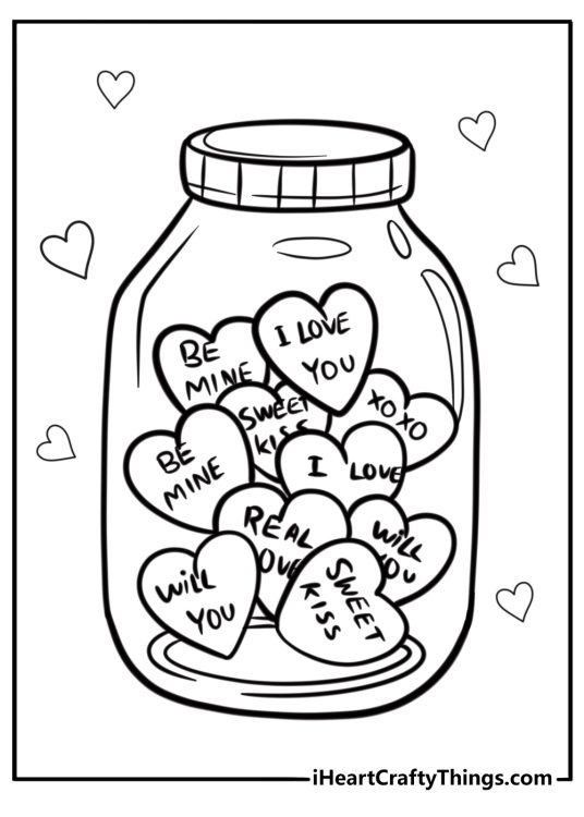 Jar of candy hearts with love messages detailed coloring sheet