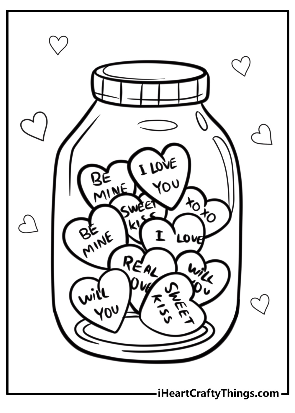 Jar of candy hearts with love messages detailed coloring sheet