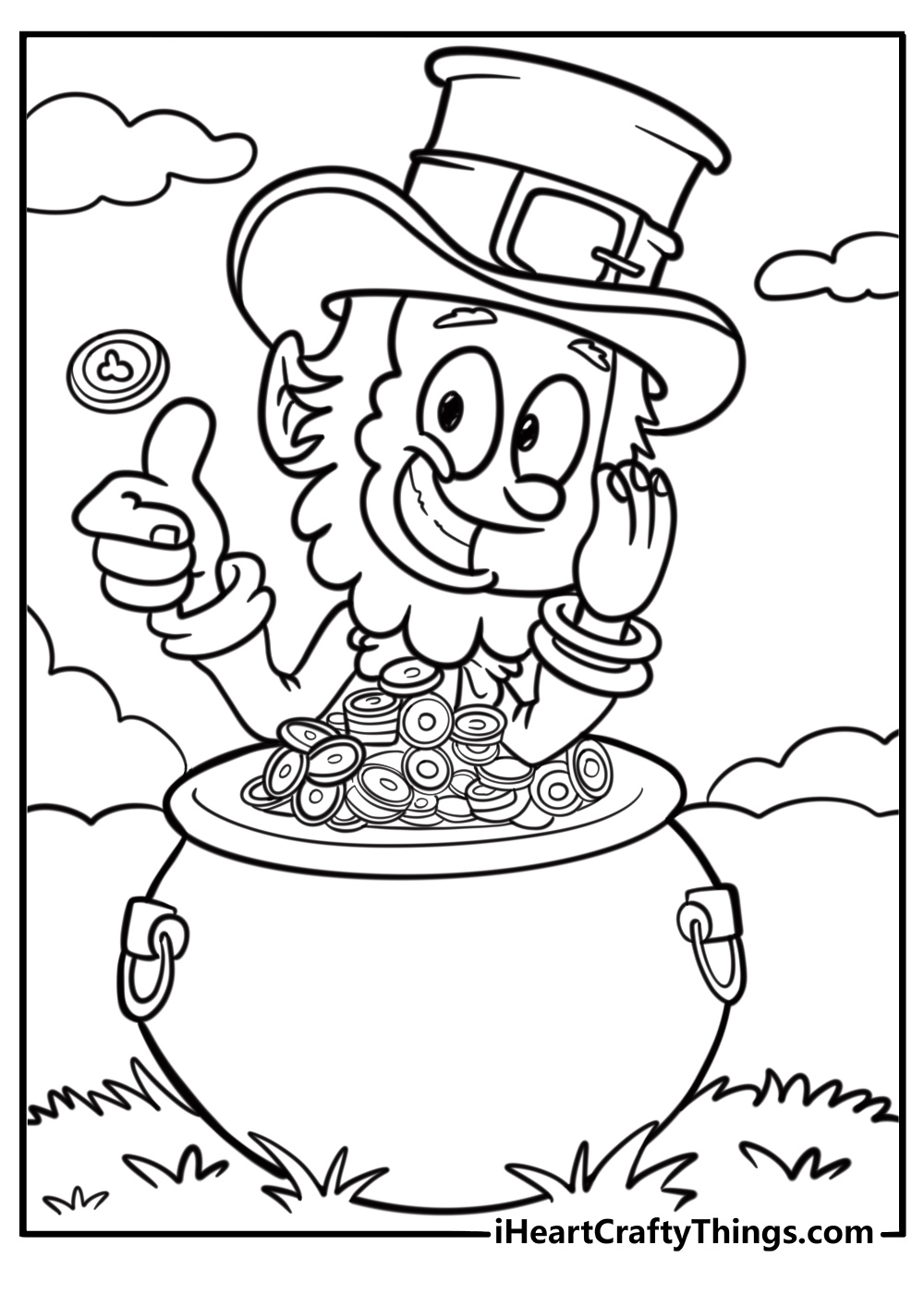 Leprechaun with a pot of gold coloring page for kids