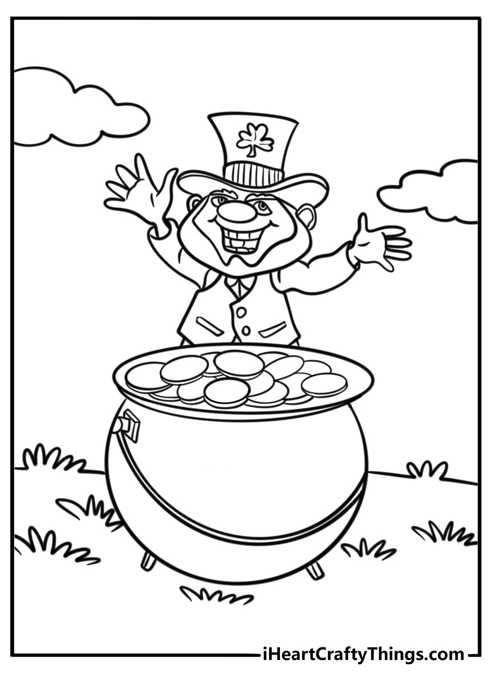 Leprechauns pot filled with gold coins free coloring page pdf