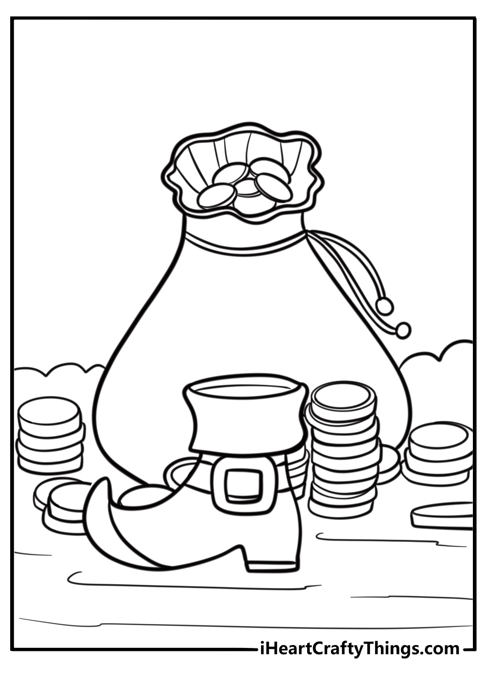 Leprechaun's shoe next to a gold coin detailed coloring sheet