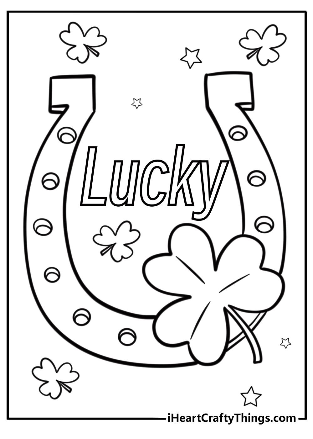 Lucky horseshoe with shamrocks fun coloring sheet