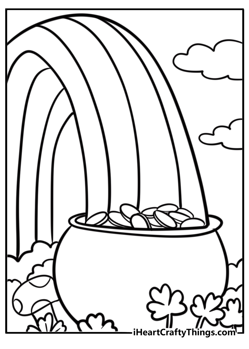 Pot of gold at the end of the rainbow free printable coloring page