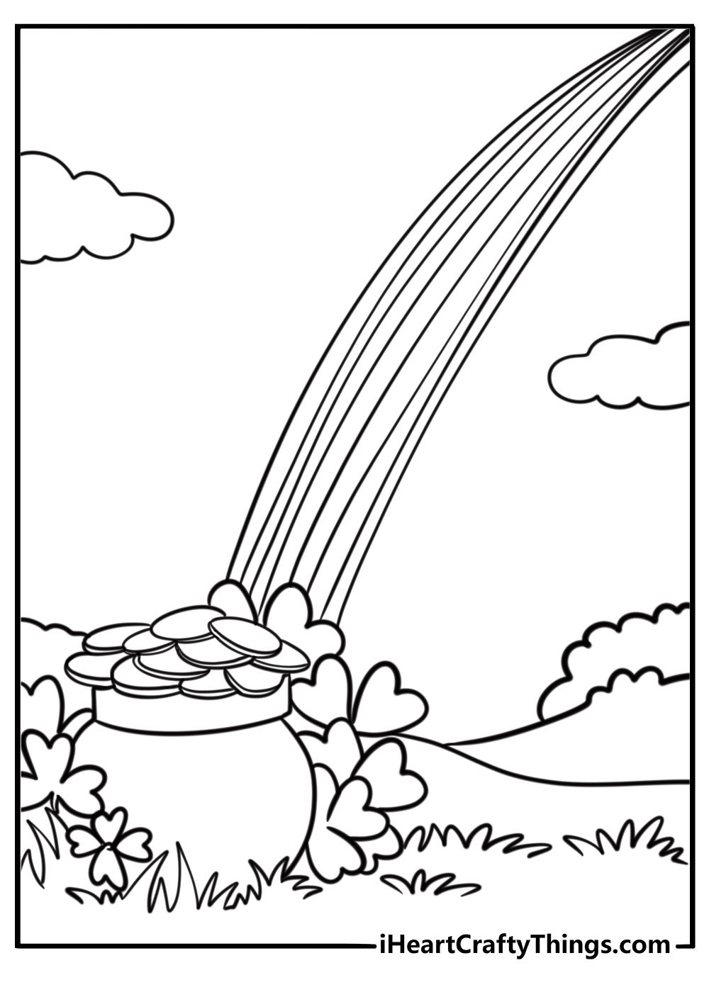 Rainbow leading to a pot of gold free coloring page pdf