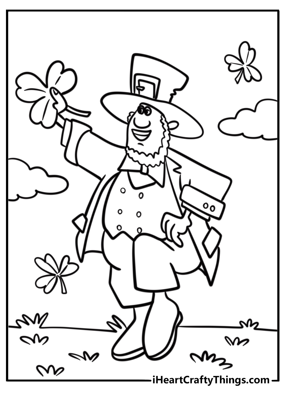 Smiling leprechaun dancing detailed coloring sheet