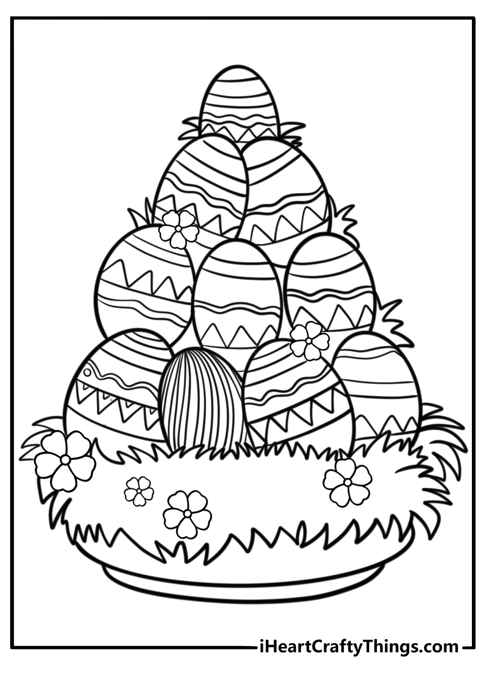 Stack of easter eggs with colorful designs and symbols fun coloring sheet