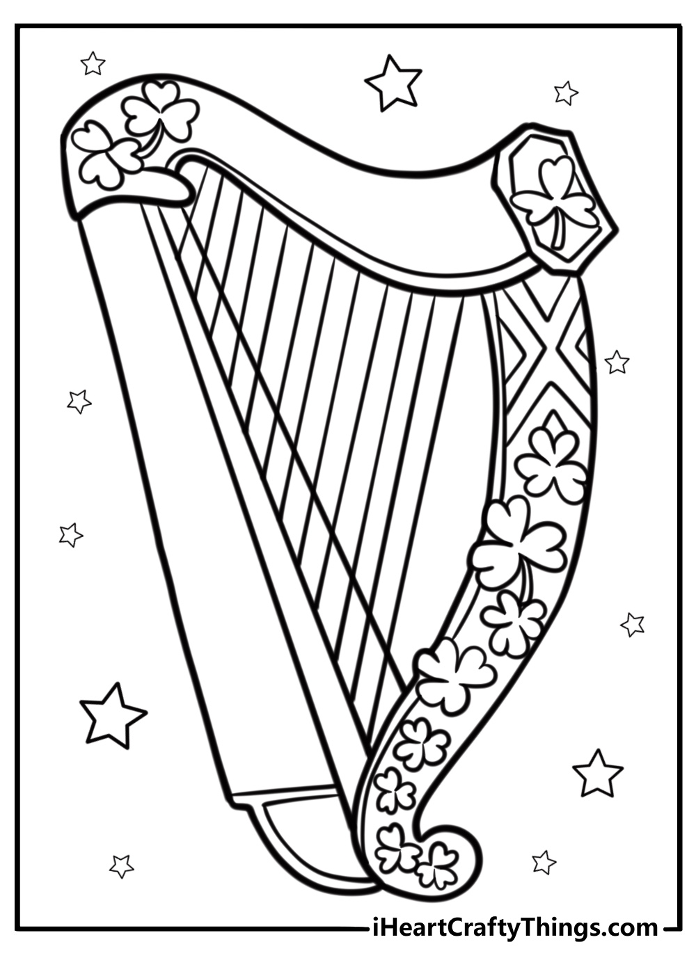 Traditional Irish harp with shamrock accents coloring page