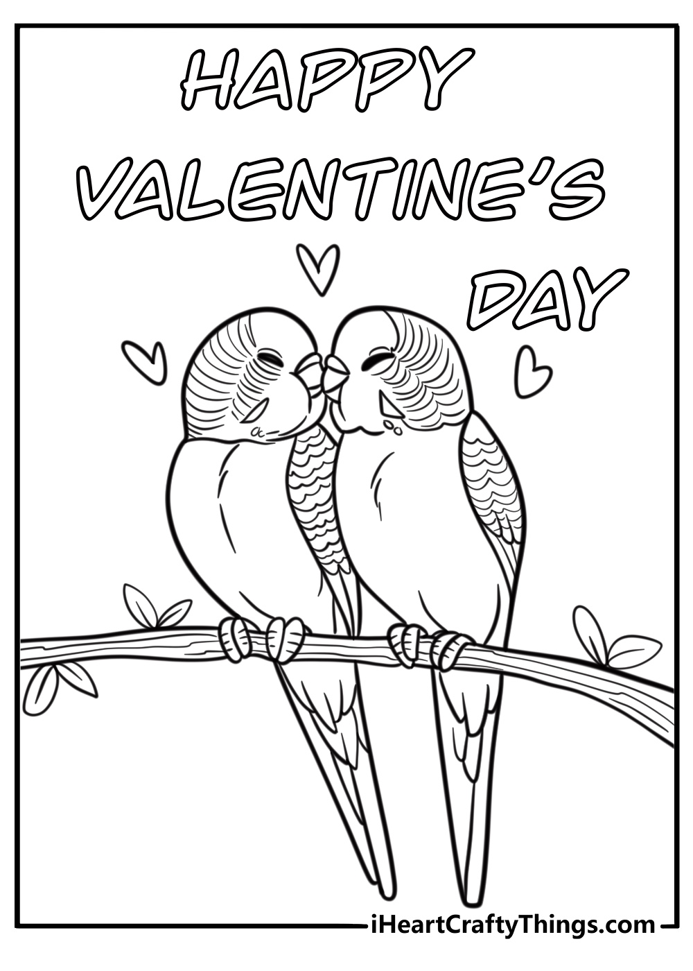 Two lovebirds sitting on a branch detailed valentine's coloring sheet