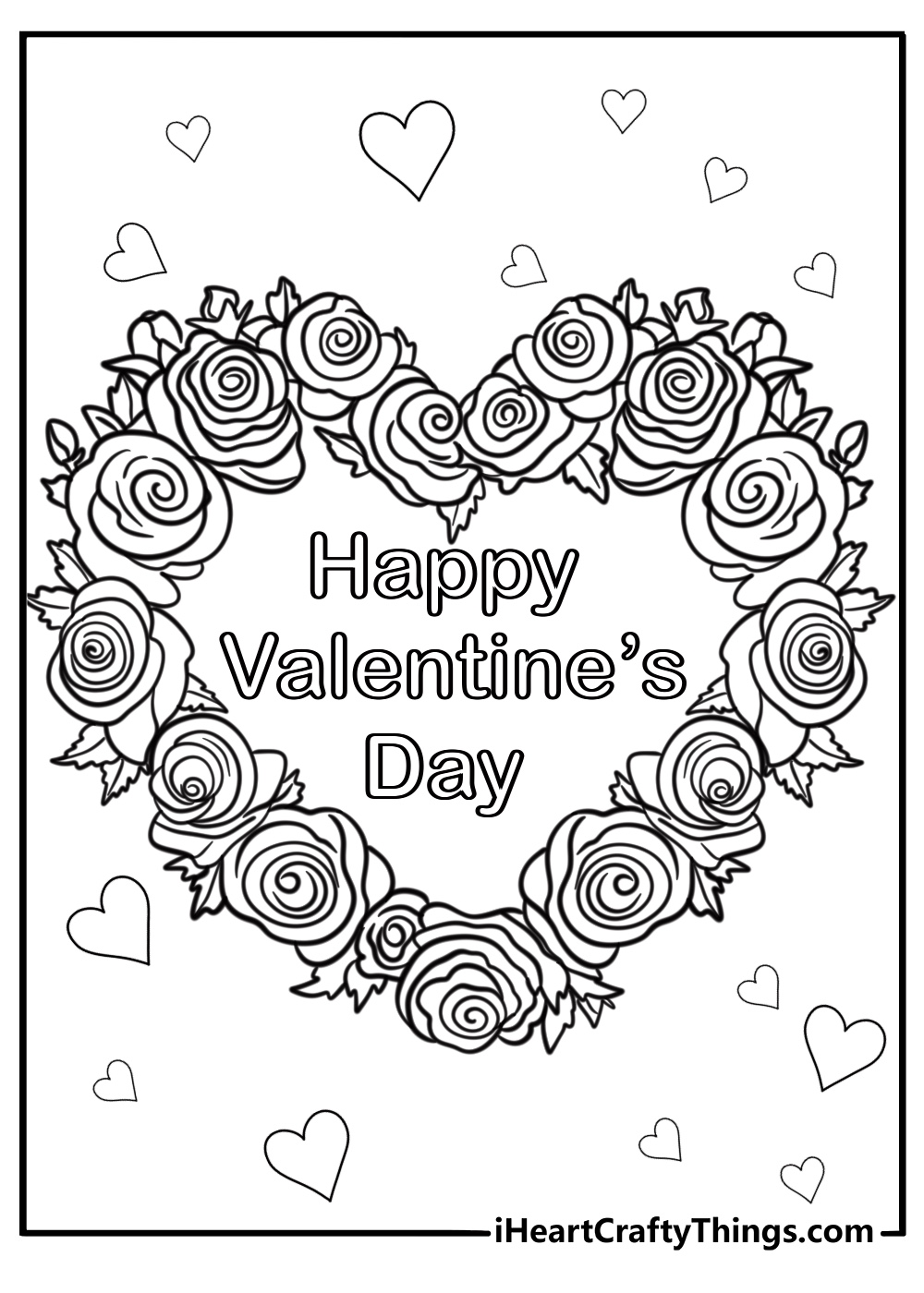 Valentine's day wreath with roses fun printable coloring sheet