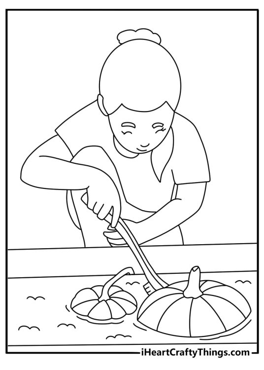 A child washes a muddy pumpkin at an outdoor tap in this printable