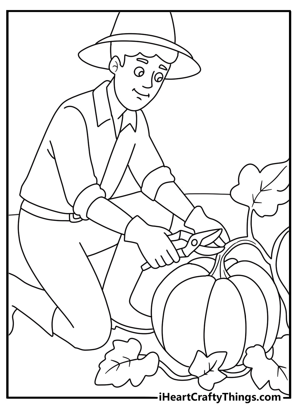 A gardener cuts a ripe pumpkin from its vine in this detailed coloring page