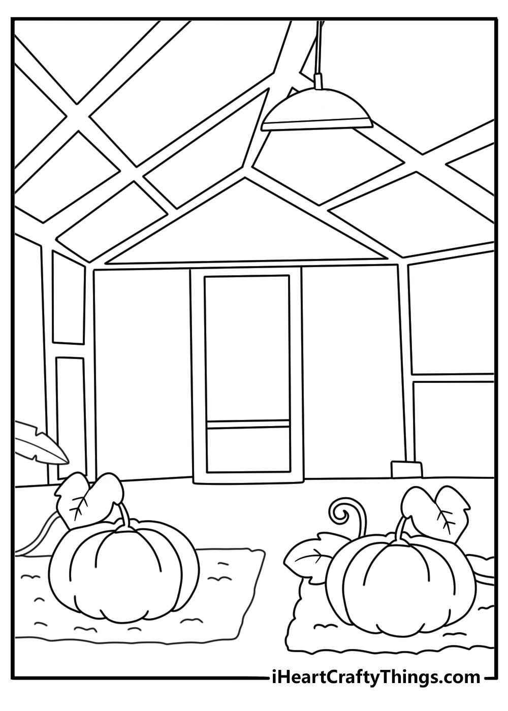 A small greenhouse shelters young pumpkin plants in this garden coloring sheet